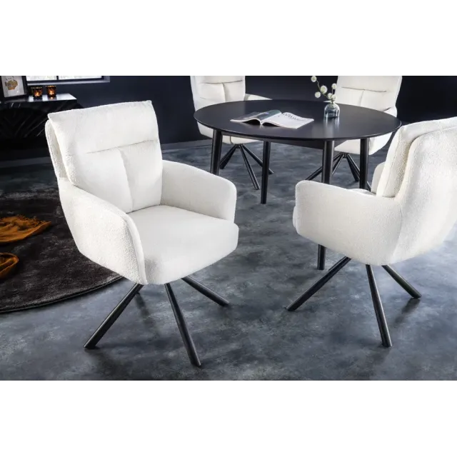 Fauteuil pivotant BIG GEORGE – Style rétro en bouclé blanc avec assise à ressorts Bonell et pieds métal noir
