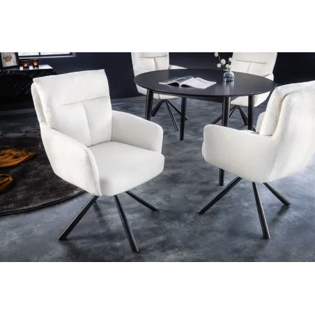 Fauteuil pivotant BIG GEORGE – Style rétro en bouclé blanc avec assise à ressorts Bonell et pieds métal noir