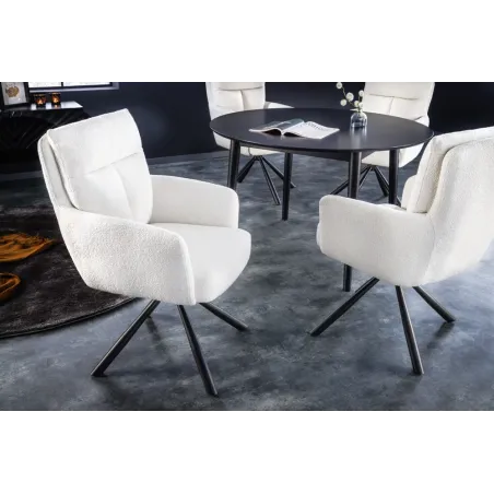 Fauteuil pivotant BIG GEORGE – Style rétro en bouclé blanc avec assise à ressorts Bonell et pieds métal noir