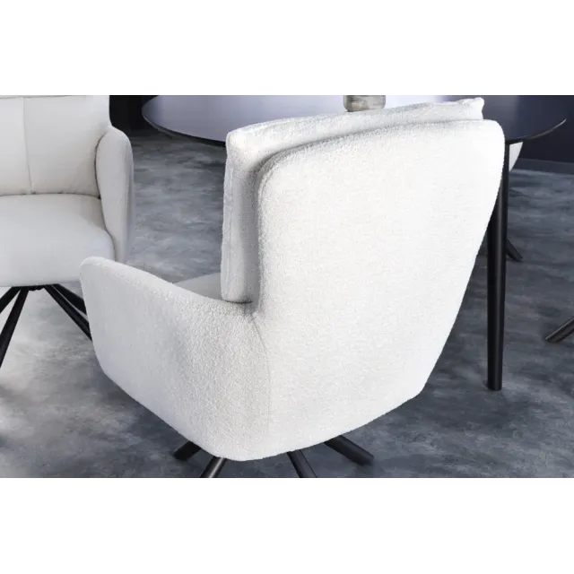Fauteuil pivotant BIG GEORGE – Style rétro en bouclé blanc avec assise à ressorts Bonell et pieds métal noir