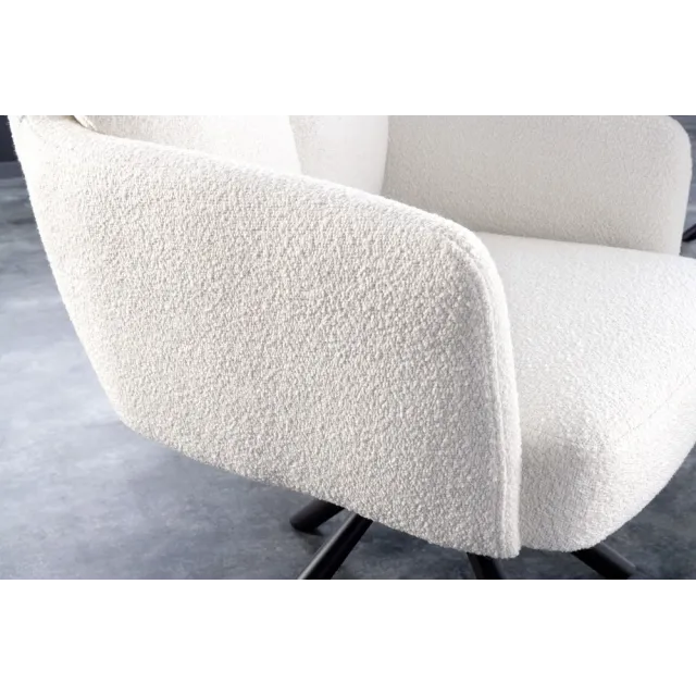 Fauteuil pivotant BIG GEORGE – Style rétro en bouclé blanc avec assise à ressorts Bonell et pieds métal noir