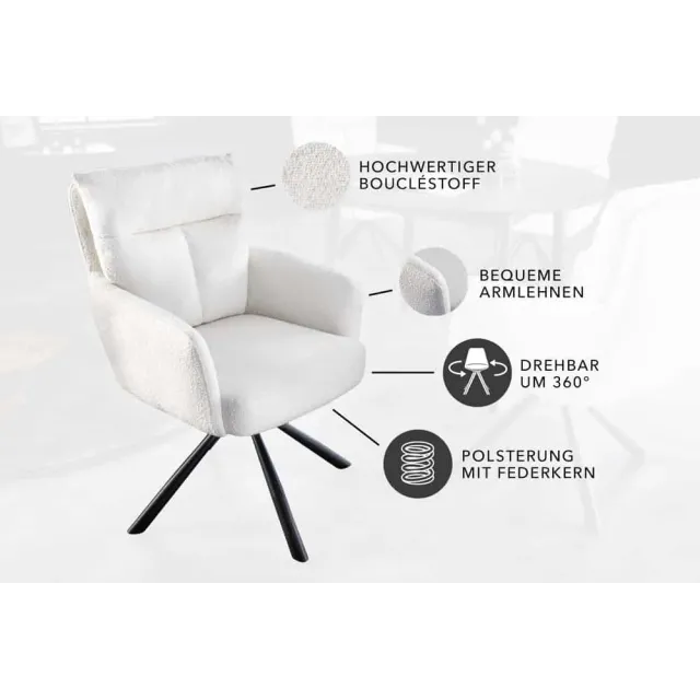 Fauteuil pivotant BIG GEORGE – Style rétro en bouclé blanc avec assise à ressorts Bonell et pieds métal noir
