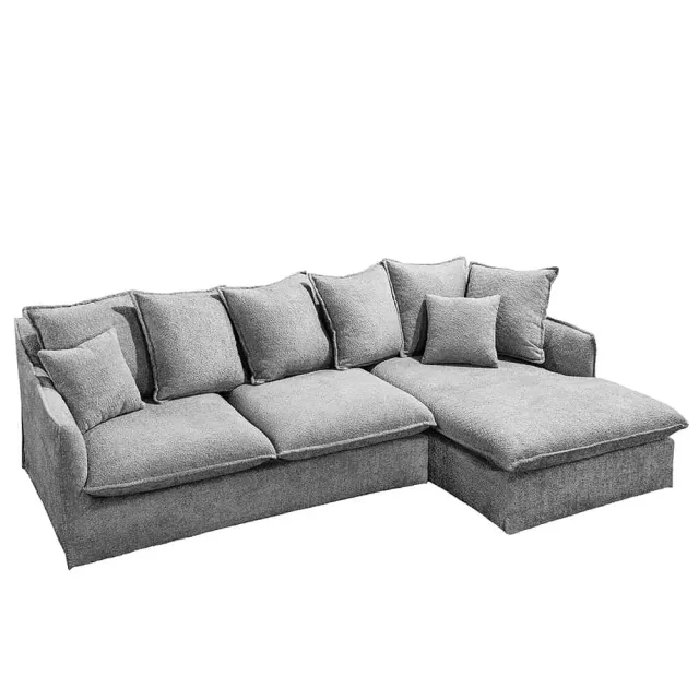 Canapé d’angle HEAVEN 255 cm – Bouclé gris, assise à ressorts Nosag, 8 coussins inclus Canapé d’angle HEAVEN 255 cm – Bouclé gris, assise à ressorts Nosag, 8 coussins inclus