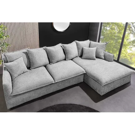 Canapé d’angle HEAVEN 255 cm – Bouclé gris, assise à ressorts Nosag, 8 coussins inclus