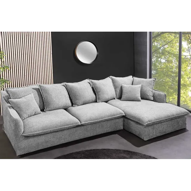 Canapé d’angle HEAVEN 255 cm – Bouclé gris, assise à ressorts Nosag, 8 coussins inclus Canapé d’angle HEAVEN 255 cm – Bouclé gris, assise à ressorts Nosag, 8 coussins inclus