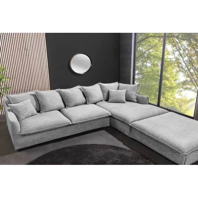 Canapé d’angle HEAVEN 255 cm – Bouclé gris, assise à ressorts Nosag, 8 coussins inclus Canapé d’angle HEAVEN 255 cm – Bouclé gris, assise à ressorts Nosag, 8 coussins inclus