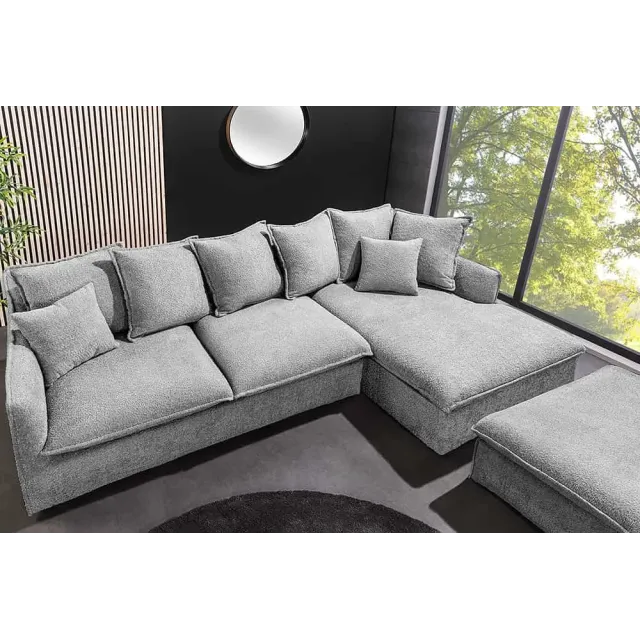 Canapé d’angle HEAVEN 255 cm – Bouclé gris, assise à ressorts Nosag, 8 coussins inclus Canapé d’angle HEAVEN 255 cm – Bouclé gris, assise à ressorts Nosag, 8 coussins inclus