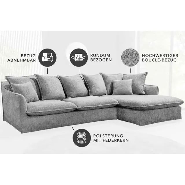 Canapé d’angle HEAVEN 255 cm – Bouclé gris, assise à ressorts Nosag, 8 coussins inclus Canapé d’angle HEAVEN 255 cm – Bouclé gris, assise à ressorts Nosag, 8 coussins inclus