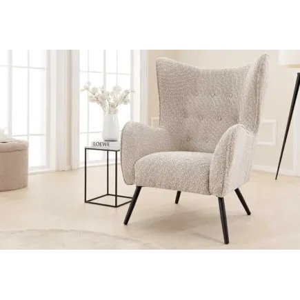 Fauteuil design XL AMSTERDAM – Bouclé greige, dossier capitonné, pieds métal noir