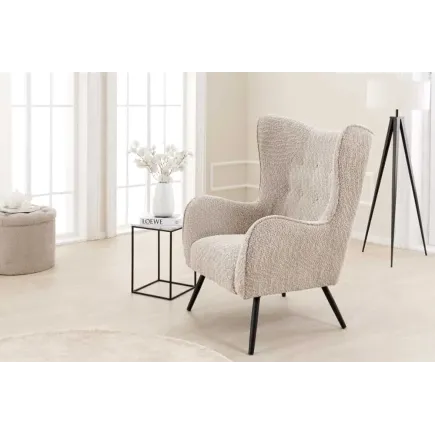 Fauteuil design XL AMSTERDAM – Bouclé greige, dossier capitonné, pieds métal noir 2