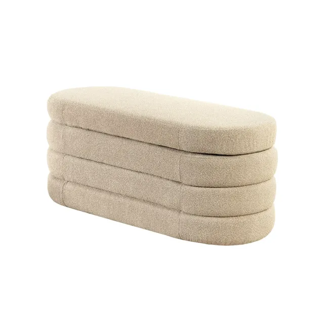 Banquette capitonnée VOGUE – 115 cm – Tissu bouclé taupe avec coffre de rangement intégré Banquette capitonnée VOGUE – 115 cm – Tissu bouclé taupe avec coffre de rangement intégré