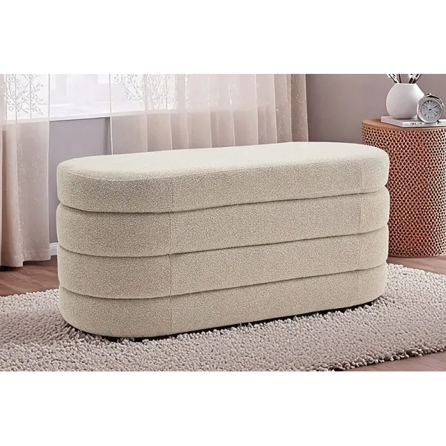 Banquette capitonnée VOGUE – 115 cm – Tissu bouclé taupe avec coffre de rangement intégré Banquette capitonnée VOGUE – 115 cm – Tissu bouclé taupe avec coffre de rangement intégré