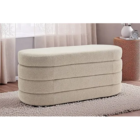 Banquette capitonnée VOGUE – 115 cm – Tissu bouclé taupe avec coffre de rangement intégré