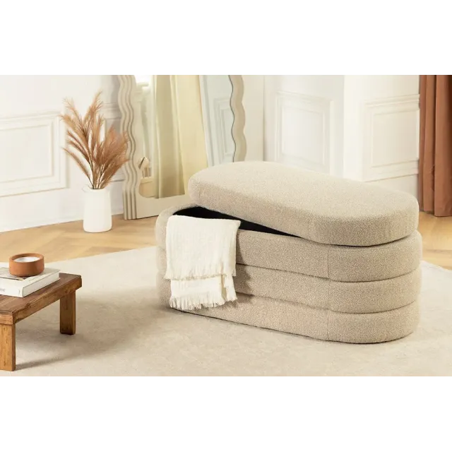 Banquette capitonnée VOGUE – 115 cm – Tissu bouclé taupe avec coffre de rangement intégré Banquette capitonnée VOGUE – 115 cm – Tissu bouclé taupe avec coffre de rangement intégré