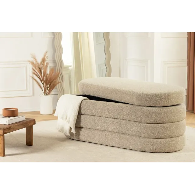 Banquette capitonnée VOGUE – 115 cm – Tissu bouclé taupe avec coffre de rangement intégré Banquette capitonnée VOGUE – 115 cm – Tissu bouclé taupe avec coffre de rangement intégré