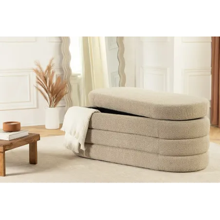 Banquette capitonnée VOGUE – 115 cm – Tissu bouclé taupe avec coffre de rangement intégré