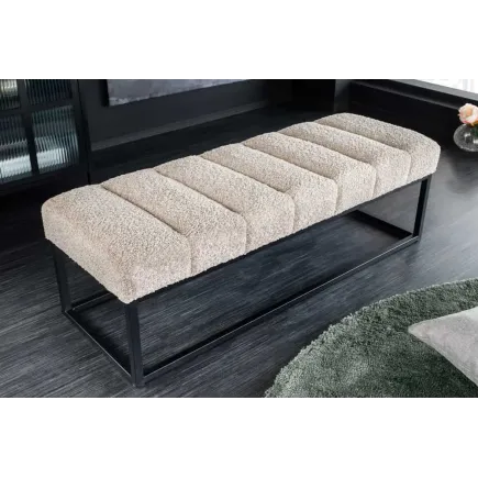 Banc design PETIT BEAUTÉ – 110 cm – Tissu bouclé champagner greige & pieds métal noir