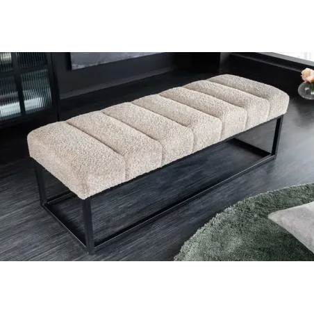 Banc design PETIT BEAUTÉ – 110 cm – Tissu bouclé champagner greige & pieds métal noir