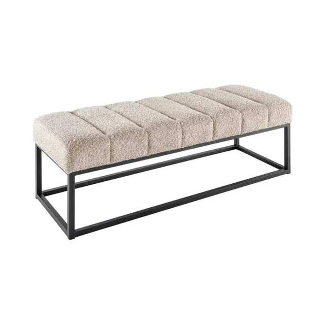 Banc design PETIT BEAUTÉ – 110 cm – Tissu bouclé champagner greige & pieds métal noir