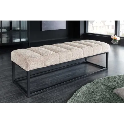 Banc design PETIT BEAUTÉ – 110 cm – Tissu bouclé champagner greige & pieds métal noir 2
