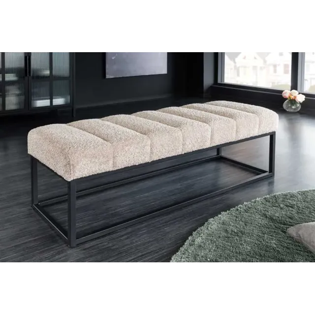Banc design PETIT BEAUTÉ – 110 cm – Tissu bouclé champagner greige & pieds métal noir