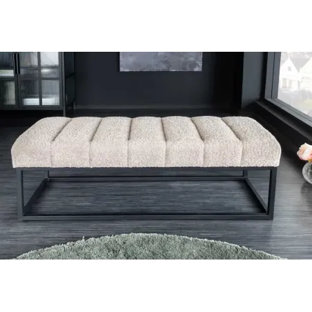 Banc design PETIT BEAUTÉ – 110 cm – Tissu bouclé champagner greige & pieds métal noir