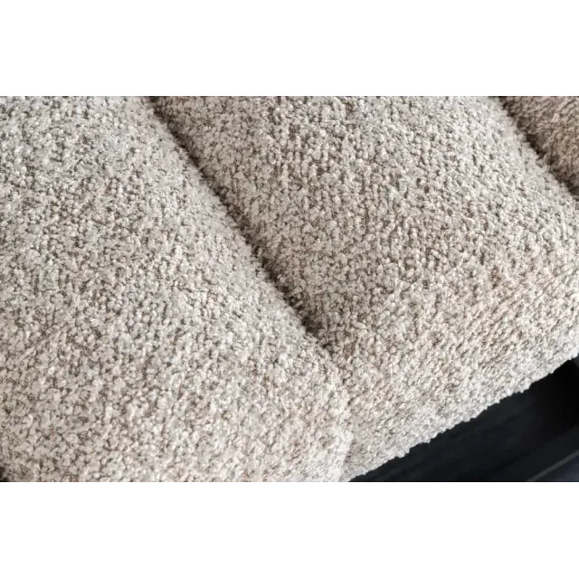 Banc design PETIT BEAUTÉ – 110 cm – Tissu bouclé champagner greige & pieds métal noir