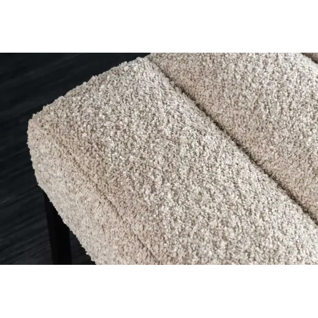 Banc design PETIT BEAUTÉ – 110 cm – Tissu bouclé champagner greige & pieds métal noir