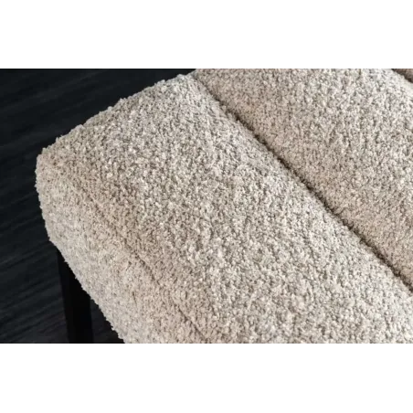 Banc design PETIT BEAUTÉ – 110 cm – Tissu bouclé champagner greige & pieds métal noir