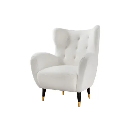Fauteuil rétro DON en tissu bouclé blanc – Design élégant avec assise à ressorts et pieds noirs dorés