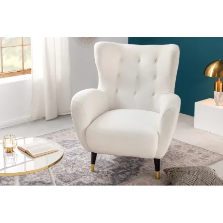 Fauteuil rétro DON en tissu bouclé blanc – Design élégant avec assise à ressorts et pieds noirs dorés 2