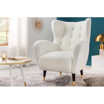 Fauteuil rétro DON en tissu bouclé blanc – Design élégant avec assise à ressorts et pieds noirs dorés