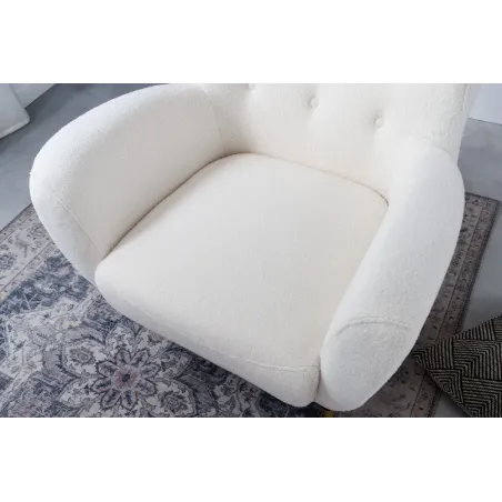 Fauteuil rétro DON en tissu bouclé blanc – Design élégant avec assise à ressorts et pieds noirs dorés