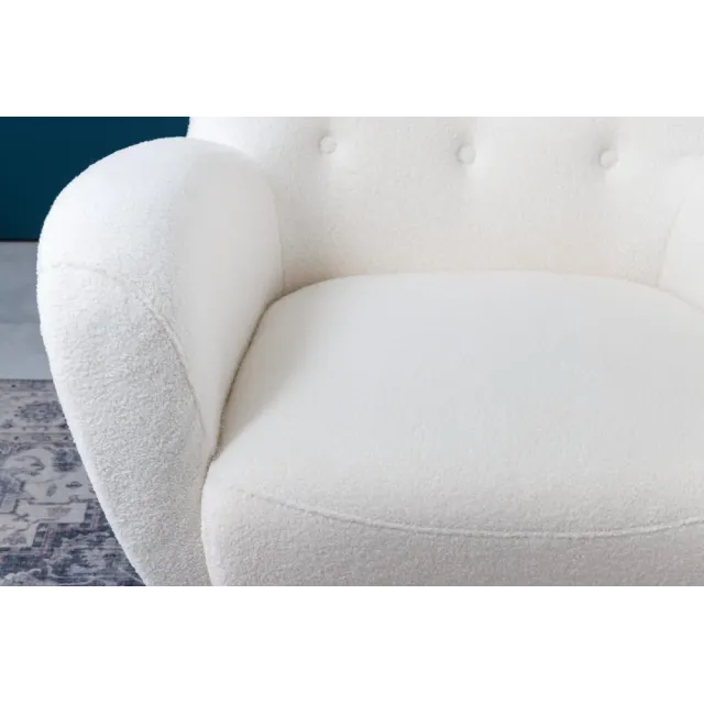 Fauteuil rétro DON en tissu bouclé blanc – Design élégant avec assise à ressorts et pieds noirs dorés