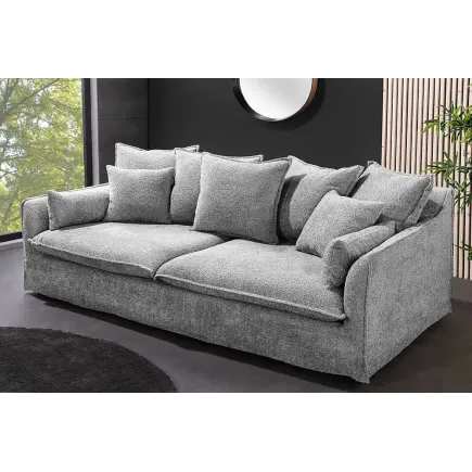Canapé 3 places HEAVEN 200 cm en tissu bouclé gris – Grand canapé cosy avec assise à ressorts et 9 coussins inclus