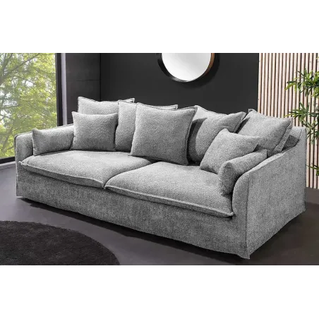 Canapé 3 places HEAVEN 200 cm en tissu bouclé gris – Grand canapé cosy avec assise à ressorts et 9 coussins inclus