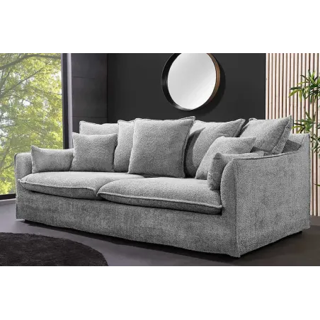 Canapé 3 places HEAVEN 200 cm en tissu bouclé gris – Grand canapé cosy avec assise à ressorts et 9 coussins inclus