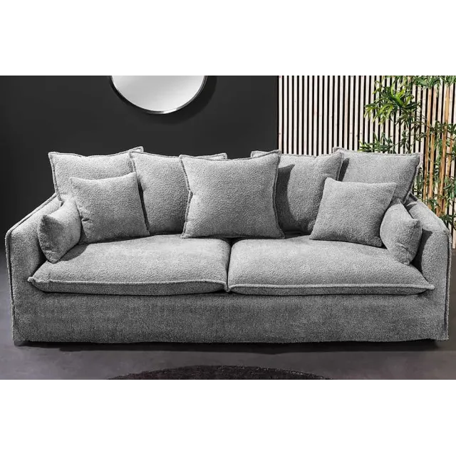 Canapé 3 places HEAVEN 200 cm en tissu bouclé gris – Grand canapé cosy avec assise à ressorts et 9 coussins inclus