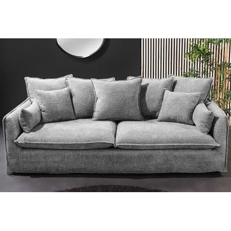 Canapé 3 places HEAVEN 200 cm en tissu bouclé gris – Grand canapé cosy avec assise à ressorts et 9 coussins inclus