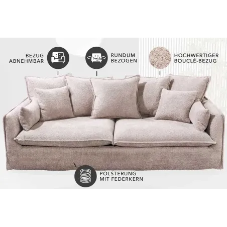 Canapé 3 places HEAVEN 200 cm en tissu bouclé champagne beige