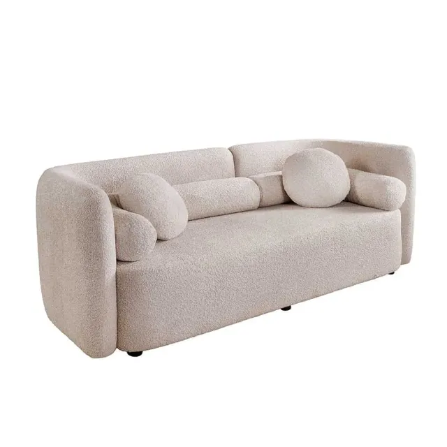 Canapé 3 places ART DÉCO 200 cm en tissu bouclé beige – canapé moderne avec coussins inclus et pieds noirs