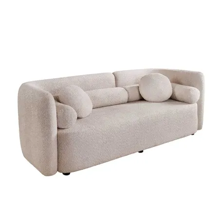 Canapé 3 places ART DÉCO 200 cm en tissu bouclé beige – canapé moderne avec coussins inclus et pieds noirs
