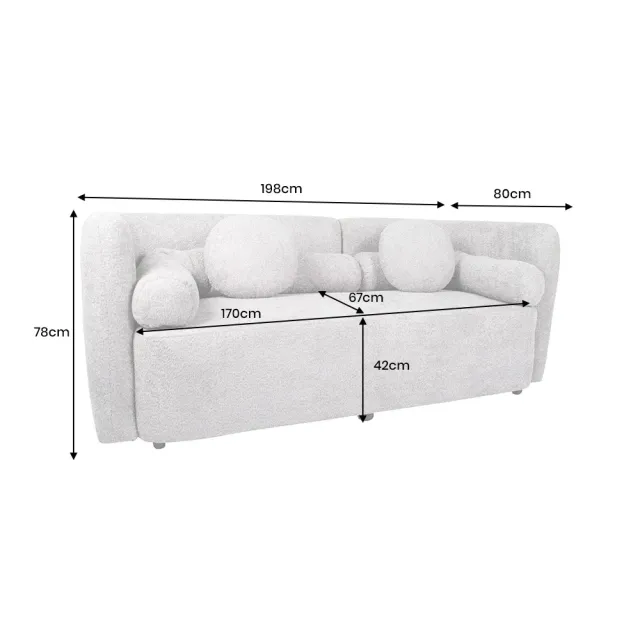 Canapé 3 places ART DÉCO 200 cm en tissu bouclé beige – canapé moderne avec coussins inclus et pieds noirs
