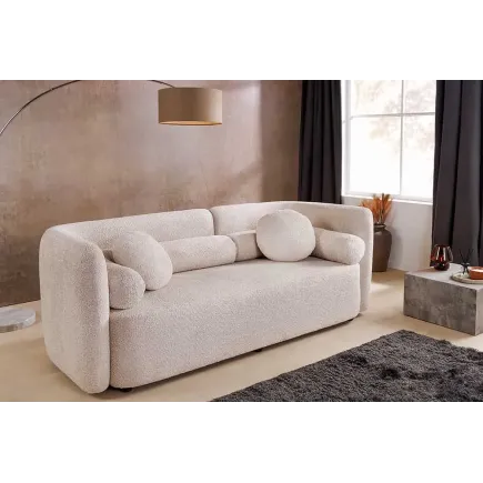 Canapé 3 places ART DÉCO 200 cm en tissu bouclé beige – canapé moderne avec coussins inclus et pieds noirs