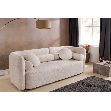 Canapé 3 places ART DÉCO 200 cm en tissu bouclé beige – canapé moderne avec coussins inclus et pieds noirs