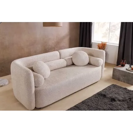 Canapé 3 places ART DÉCO 200 cm en tissu bouclé beige – canapé moderne avec coussins inclus et pieds noirs 2