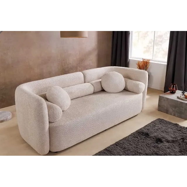 Canapé 3 places ART DÉCO 200 cm en tissu bouclé beige – canapé moderne avec coussins inclus et pieds noirs