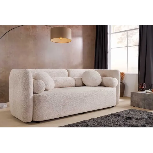 Canapé 3 places ART DÉCO 200 cm en tissu bouclé beige – canapé moderne avec coussins inclus et pieds noirs