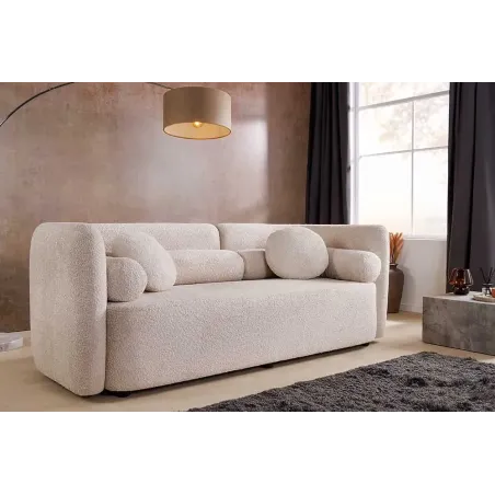 Canapé 3 places ART DÉCO 200 cm en tissu bouclé beige – canapé moderne avec coussins inclus et pieds noirs