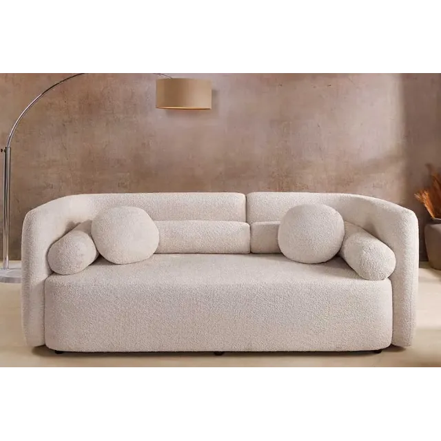Canapé 3 places ART DÉCO 200 cm en tissu bouclé beige – canapé moderne avec coussins inclus et pieds noirs